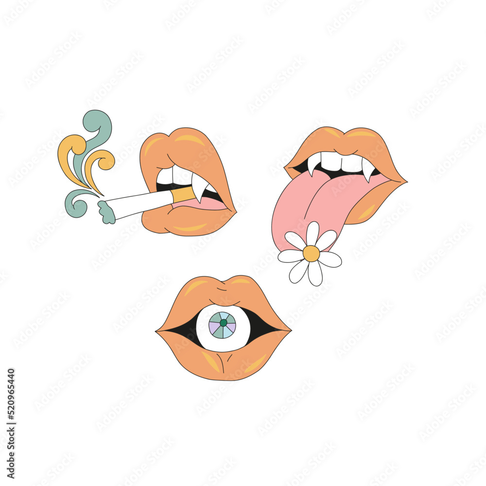 Vampy lips smoking cigarette with tongue with eye vector illustration set isolated on white