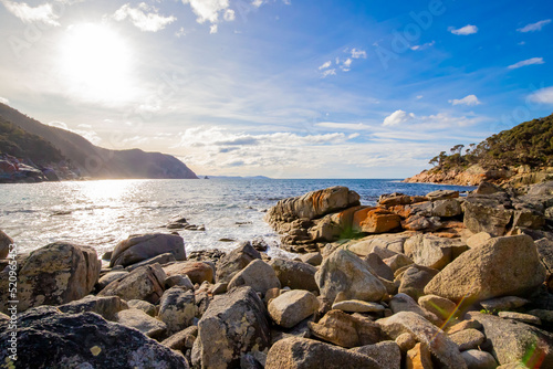 Landscape from blue stone bay at Freycinet national park Tasmania Australia