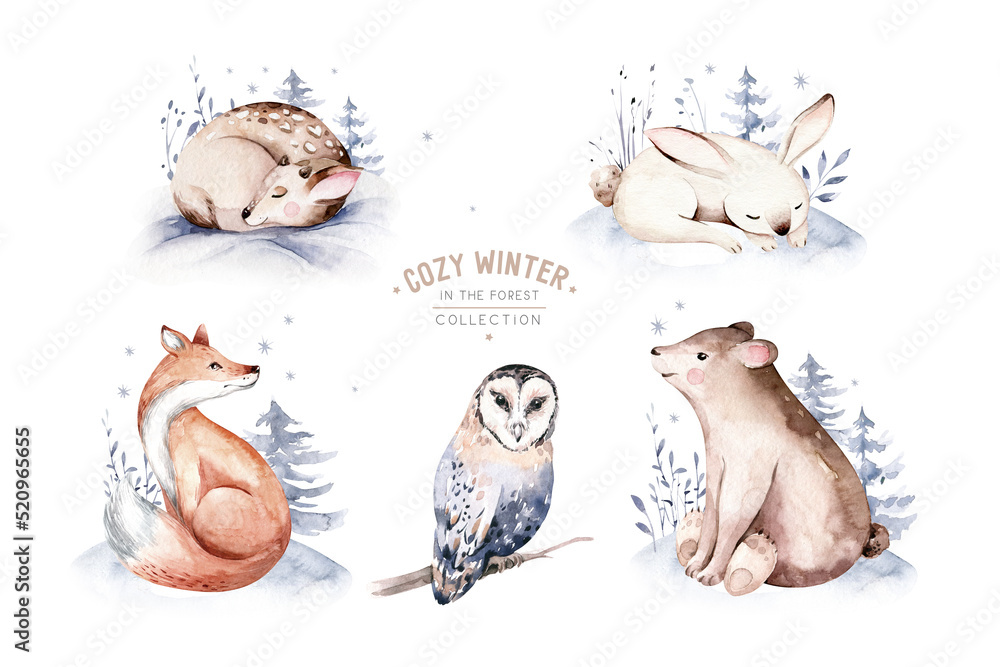 Watercolor winter forest animals deer with fawn, owl rabbits, bear