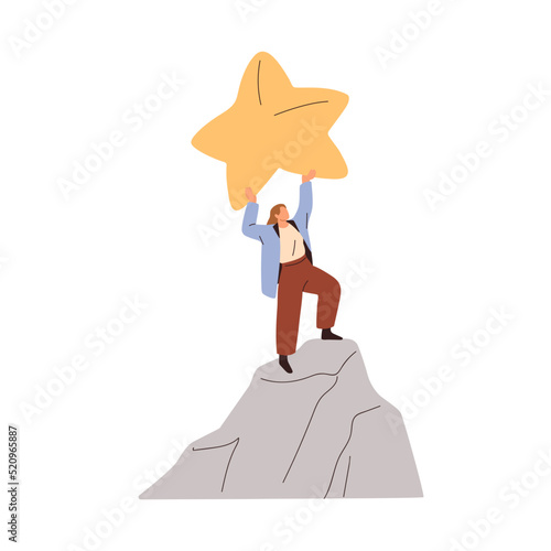 Success, goal achieving concept. Business woman winner with star standing on top of career peak, mountain cliff. Victory and target achievement. Flat vector illustration isolated on white background
