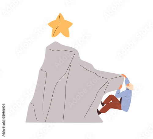 Overcoming obstacles, achieving challenging goal concept. Person climbing up to mountain peak, success. Aspiration to aim target through hurdles. Flat vector illustration isolated on white background