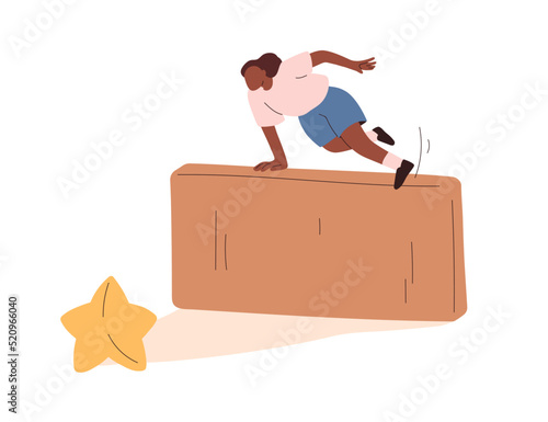 Challenge, ambition, aspiration concept. Overcoming obstacle, hurdle, barrier on way to success, achieving goal, aspiring to aim, objective. Flat vector illustration isolated on white background