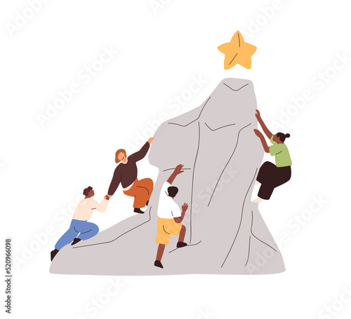 Team achieving corporate goal. Business, career challenge concept. People climbing up to peak of mountain to aim, success, star. Teamwork. Flat vector illustration isolated on white background
