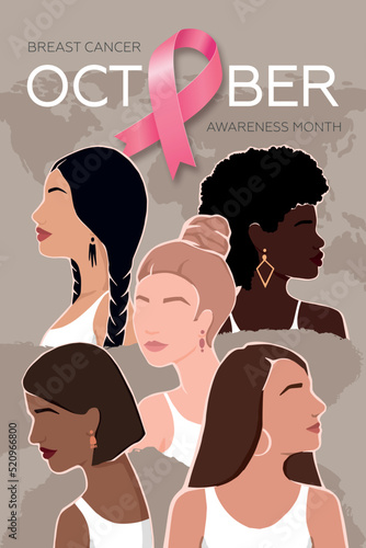 World Breast Cancer Awareness Month. Card with pink ribbon and Women of different ethnic groups together.  Modern vector illustration.