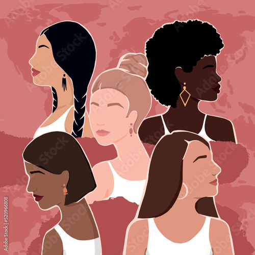 Diverse women with different skin colors together. Modern vector illustration