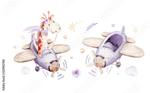 Watercolor purple illustration of a cute animal safary giraffe and fancy sky scene complete with airplanes and balloons  clouds. Baby Boy and girl pattern. baby shower