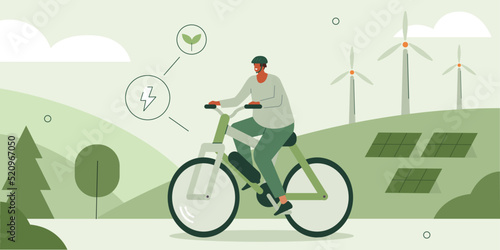 Character living sustainable lifestyle and driving e-bike in modern city with windmills and solar panels. Electric transportation and eco friendly vehicle concept. Vector illustration.
