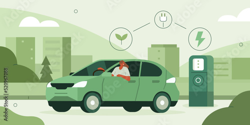 Character parking private electric car near charging station in modern city. Sustainable lifestyle, electric transportation and eco friendly vehicle concept. Vector illustration.