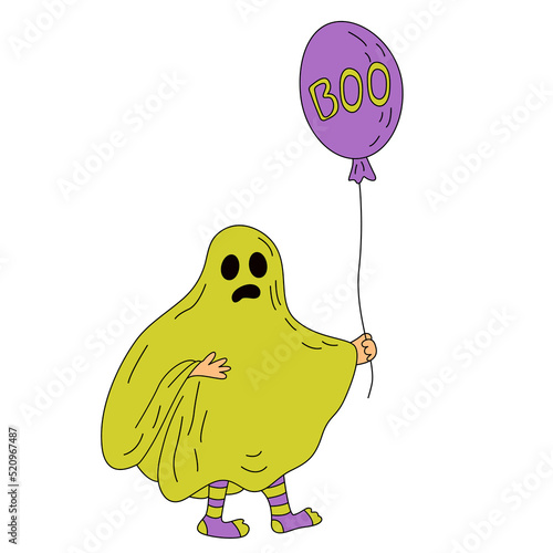 Vector illustration of a kid wearing ghost costume and balloon with boo word. Great for  Halloween greeting cards and posters
