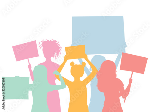 Vector illustration of women holding signs, banner and placards on a protest demostration or picket. Women against violence, descrimination, human rights violation.