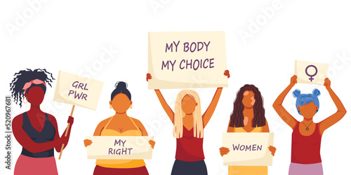 Vector illustration of women holding signs, banner and placards on a protest demostration or picket. Women against violence, descrimination, human rights violation. photo