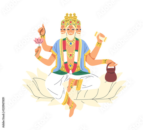 Brahma, Indian trinity god. Hindu creator deity with three heads, sitting on lotus. Religious bearded men trimurti from Hinduism, India. Flat vector illustration isolated on white background