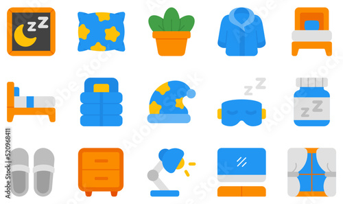 Set of Vector Icons Related to Bedroom. Contains such Icons as Pillow, Single Bed, Sleeping Bag, Slipper, Table, Television and more.