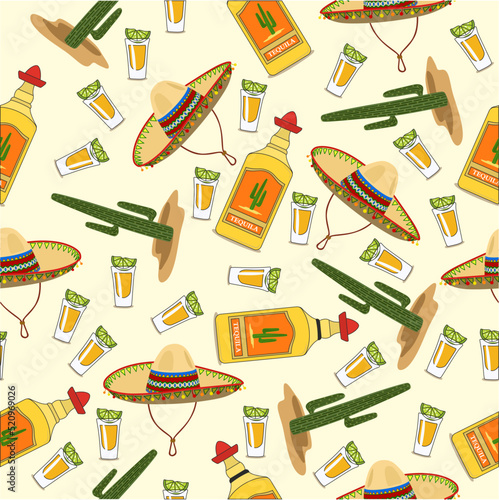 Tequila vector bottle and shot of tequila with lime on a light yellow background. Cactus, sombrero, sand. Yellow, red, green. Seamless pattern.
