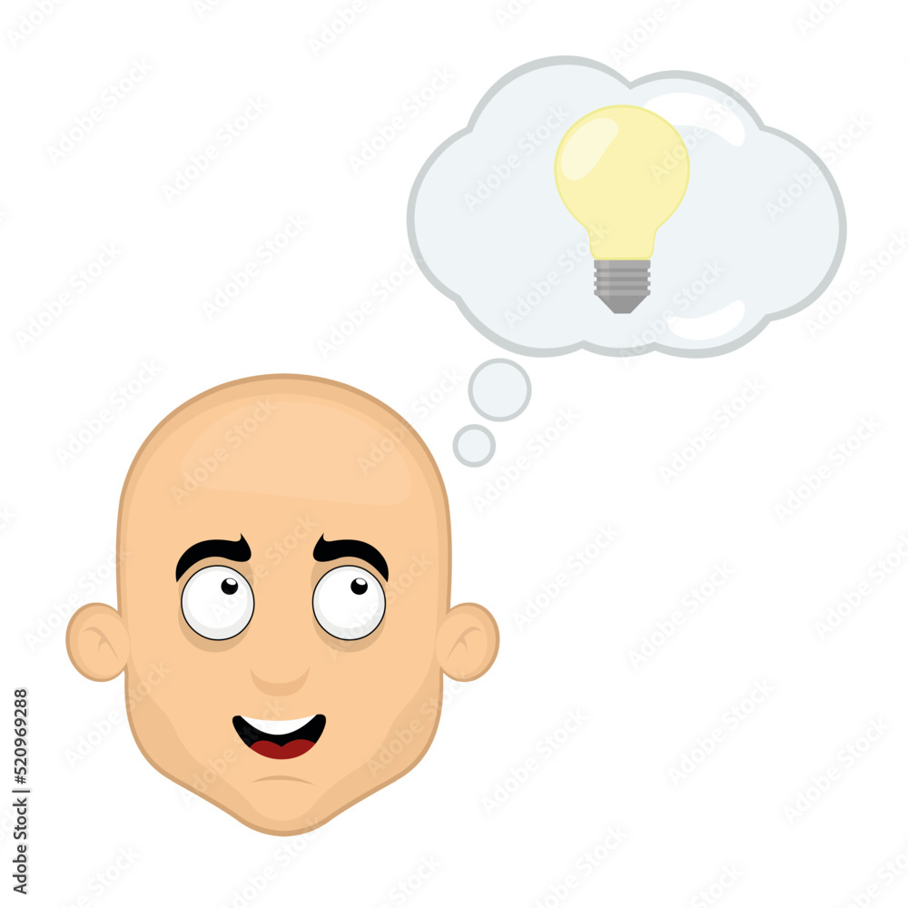 Vector illustration of the face of a man cartoon with a cloud of thought with a light bulb in concept of good idea or creativity