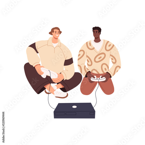 Happy men friends playing video game, sitting on floor with consoles. Guys players holding joysticks in hands during online videogame. Flat graphic vector illustration isolated on white background