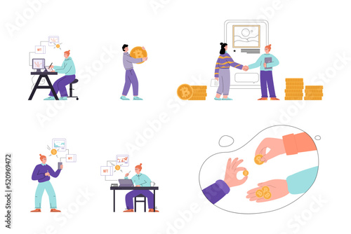 Set of scenes with people about NFT arts and buying it with cryptocurrency flat style