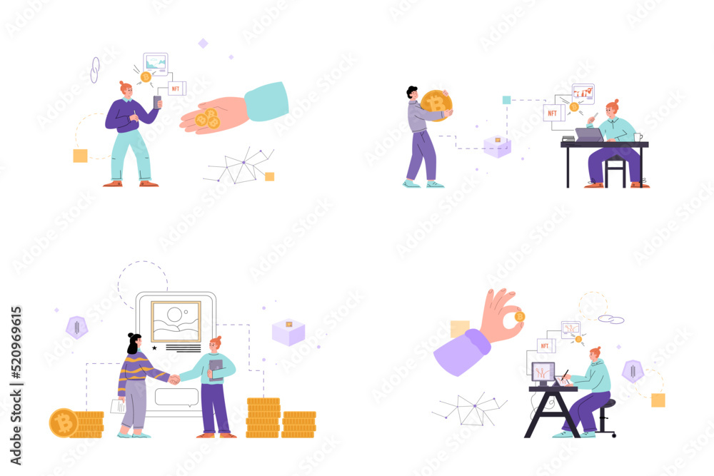 NFT token technology of crypto finance set, flat vector illustration isolated. NFT token technology of crypto finance set, flat vector illustration isolated.