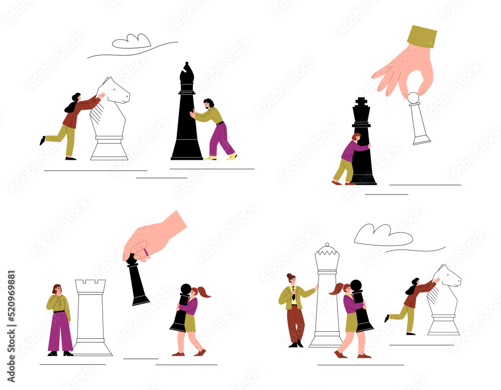 Set of people and huge chess pieces, strategy game flat style