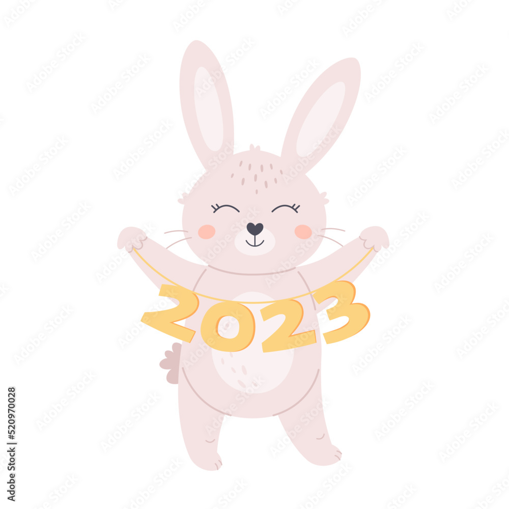 Cute white bunny wishes a Happy New Year 2023. Year of the Rabbit. Winter holidays. Hand drawn vector illustration Cute white bunny wishes a Happy New Year 2023. Year of the Rabbit. Winter holidays. Hand drawn vector illustration