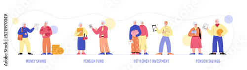 Elderly senior people saving money for retirement funds, flat vector isolated.