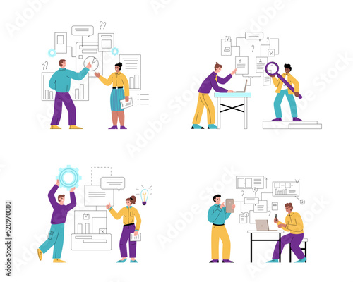 Benchmarking technology to compare companies set, vector illustration isolated.