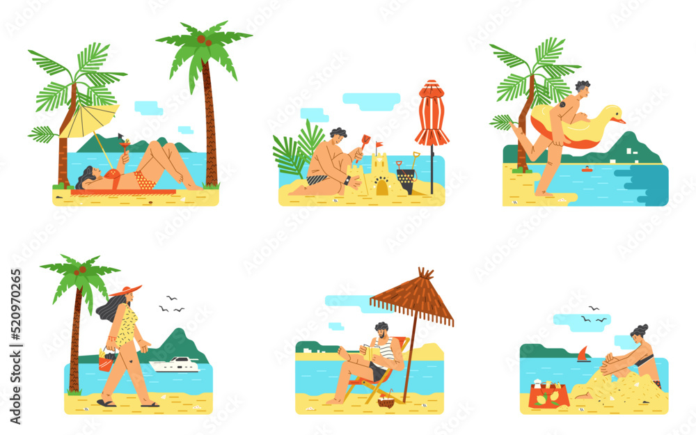 Set of scenes with people characters on beach rest flat style