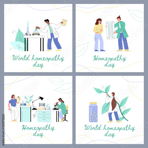 World homeopathy day banners or posters collection, flat vector illustration.