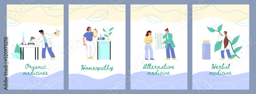 Organic herbal medicine and homeopathy banners, flat vector illustration.