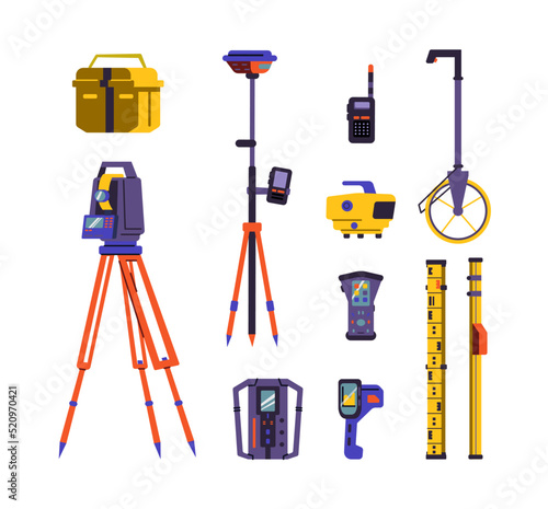 Surveyor or geodesy professional equipment flat vector illustration isolated.