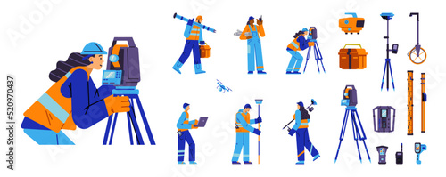 Surveyor characters and equipment set, flat style, vector illustration