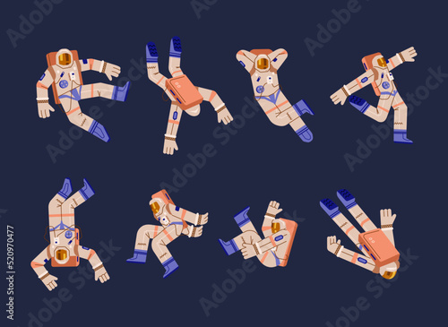Astronaut floating in space in various poses, flat vector illustration isolated on dark background.