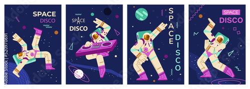 Astronauts dance or play music on DJ mixing console on disco party in flat
