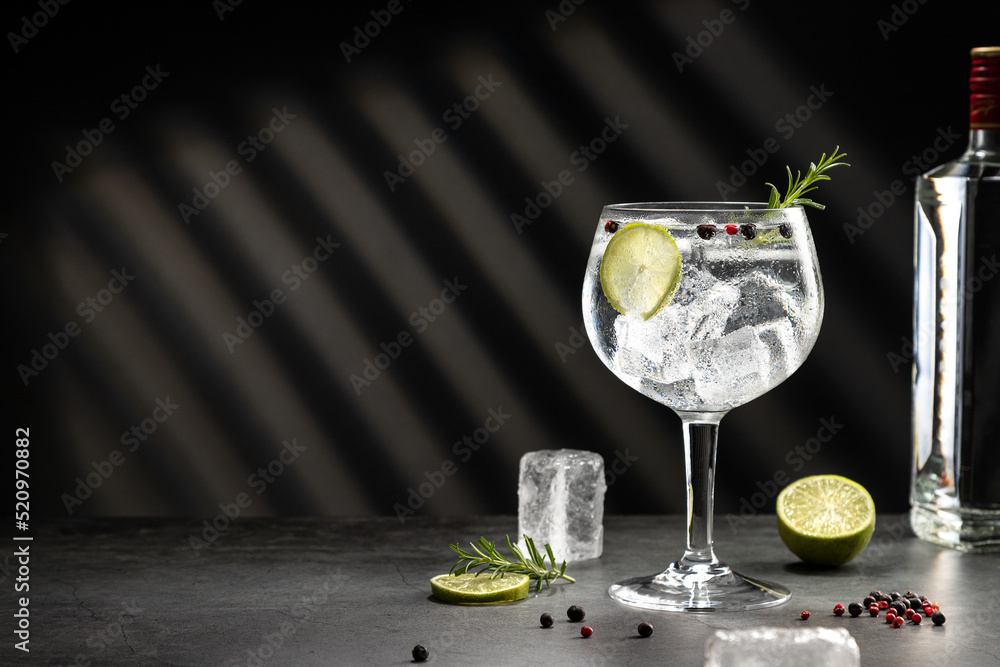 Cold glass of gin tonic with ice and hard shadows on dark gray background with copy space. - obrazy, fototapety, plakaty 