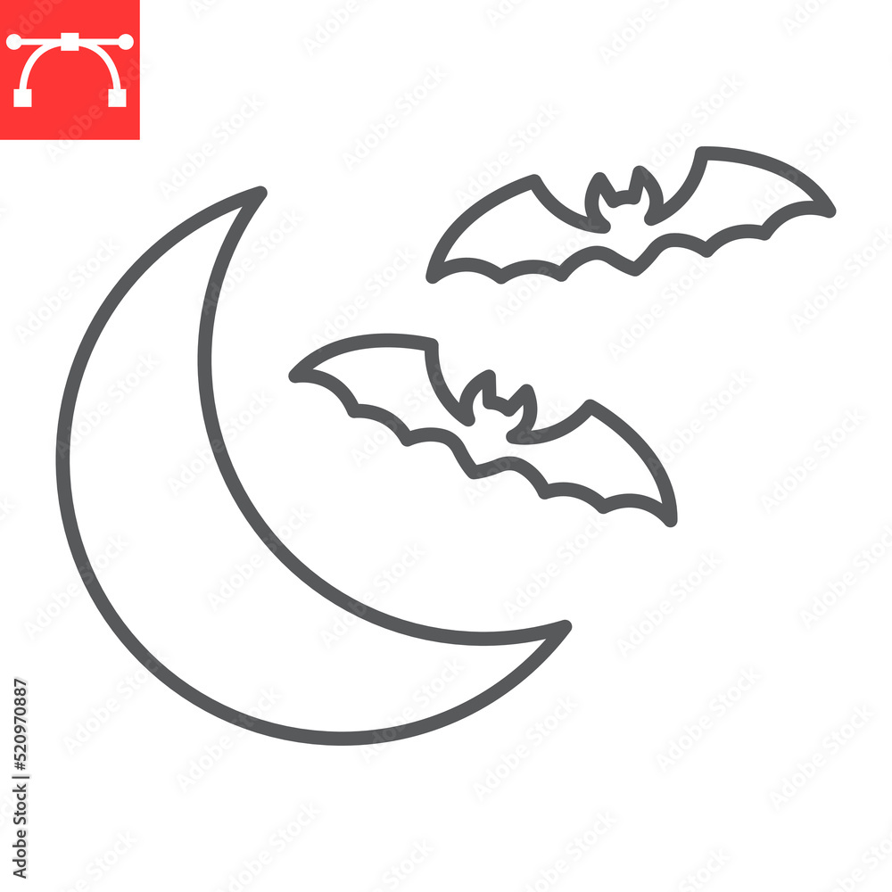 Naklejka premium Bats and moon line icon, halloween and midnight, bats flying on the moon vector icon, vector graphics, editable stroke outline sign, eps 10.