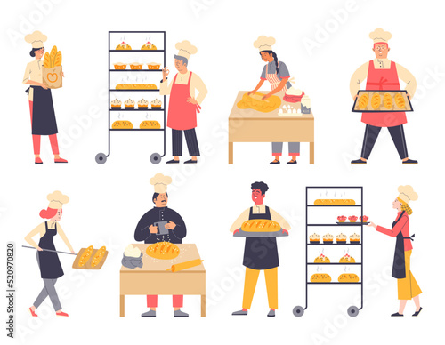 Bakers characters making cakes and bread, flat vector illustration isolated.