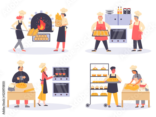 Bakers characters prepare different bread, flat vector illustration isolated.