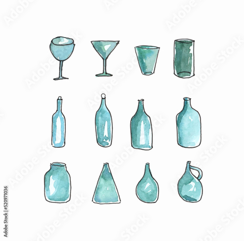 Set of glass pots, bottles, jars. Watercolor illustration of glass bottles. Set of abstract doodle glass bottles. The elements are isolated.