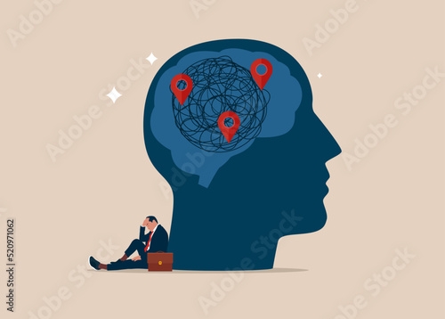 Mental disorder and pressure. Businessman suffering from depression and fear, emotional frustration. Lack of energy and motivation. Stress concept. Flat vector illustration