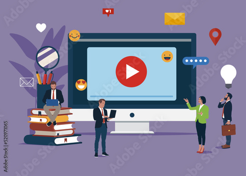 Online education concept, screen with video, books and pencils. Small people characters. Vector illustration in flat style