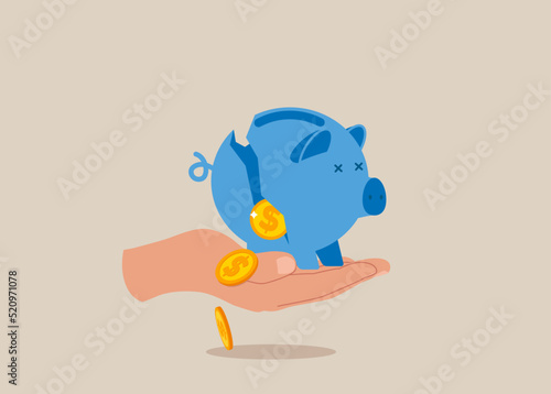Broken piggy bank with money on color background