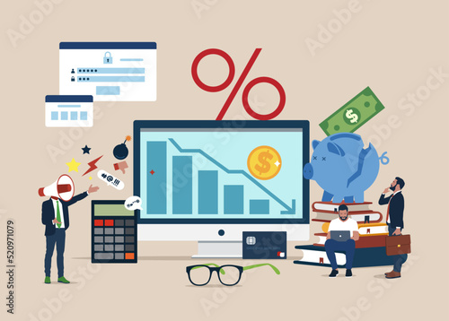 Stock market graph falling down, financial crisis and bankruptcy. Economic crisis concept. Vector illustration in flat style