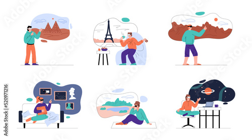 People in VR goggles exploring different countries in virtual reality, flat vector illustration isolated on white.