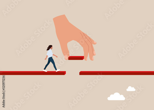 Fototapeta Naklejka Na Ścianę i Meble -  Connect the bridge to help and support girl to success, solution or assistance. Giant hand help connect missing piece the bridge for woman to cross the gap.