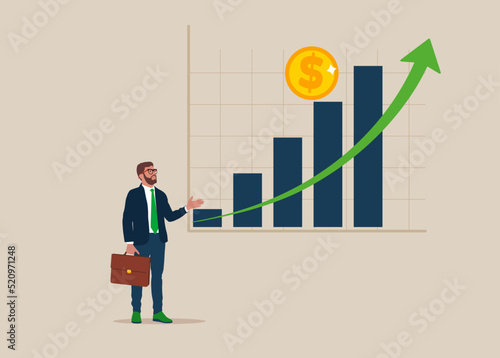 Businessman shows big rising profit growth graph.
Investment profit growth, financial advisor or wealth management, make money to get rich or increase earning or income.