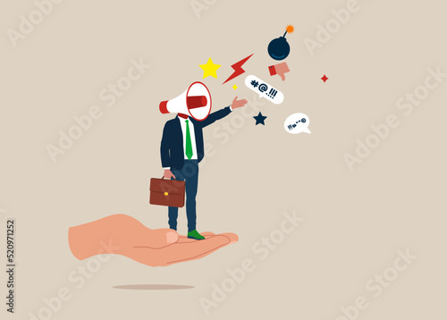 Furious boss megaphone head shouting complaint on everything. Complain on everything, blame other people, furious anger businessman complainer or displeased manager.