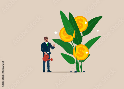 Investor finish watering growing money plant seedling with coin flower. Financial and investment growth, increase earning profit, success in wealth management.
