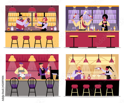 Set of bar counters with men and women characters making cocktails flat style