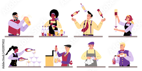 Set of vector illustrations in flat style, a bartender at work.