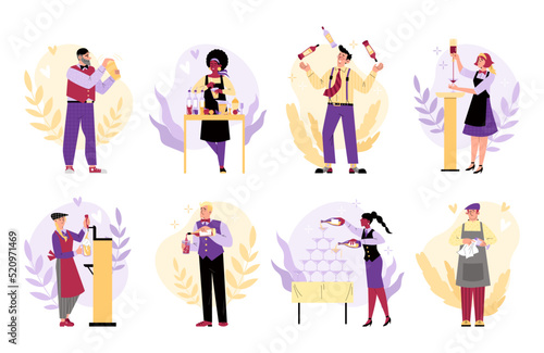 Bartenders mixing and pouring drinks in the bar, flat vector illustration isolated on white background.